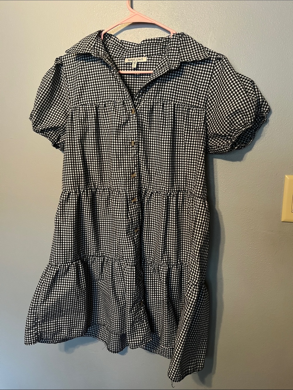 Black & White Gingham Mini Dress - Casual Tiered Button Front